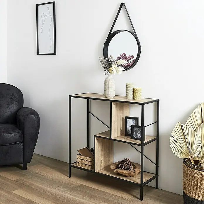 Home Deco Factory Estantería de madera Edison - L x An x Al: 30 x 80 x 79 cm, Negro - Mesa consola moderna con elementos de madera y metal, ideal para almacenamiento elegante y decoración en la sala.
