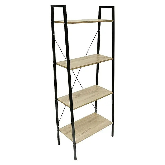 Home Deco Factory Estantería de madera Bristot Indus - L x An x Al: 32 x 60 x 148 cm - Estantería con 4 estantes de madera clara y estructura metálica negra. Práctica estantería para salón, oficina o dormitorio.