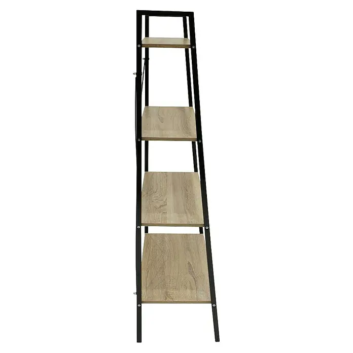 Home Deco Factory Estantería de madera Bristot Indus - L x An x Al: 32 x 60 x 148 cm - Primer plano de una estantería moderna y minimalista con estantes de madera y estructura de metal negro. La estantería ofrece almacenamiento y un diseño elegante.