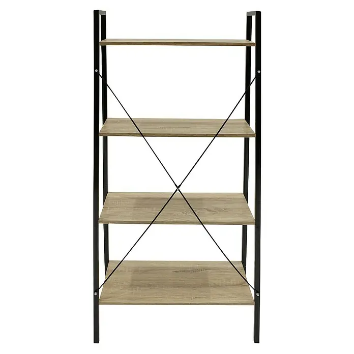 Home Deco Factory Estantería de madera Bristot Indus - L x An x Al: 32 x 60 x 148 cm - Esta foto muestra una estantería con cuatro estantes de imitación madera y una estructura metálica negra con tirantes cruzados.