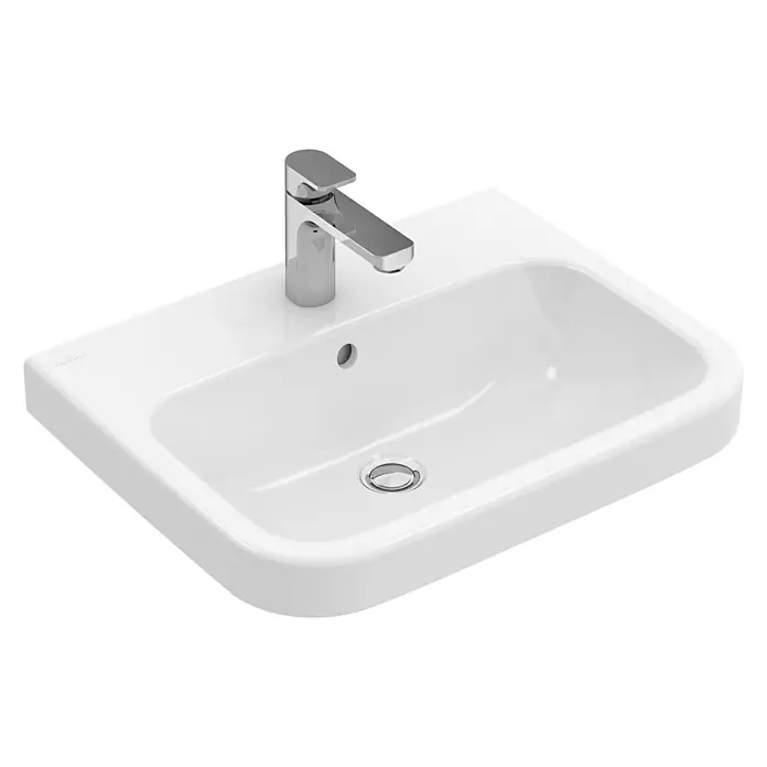 Villeroy & Boch Architectura Waschtisch - 60 x 47 cm, Ohne Spezialglasur, Hahnloch: Mitte, Mit Überlauf, Weiß - Ansicht eines weißen Villeroy & Boch Waschtischs mit einem modernen Chromhahn vor einem schwarzen Hintergrund.