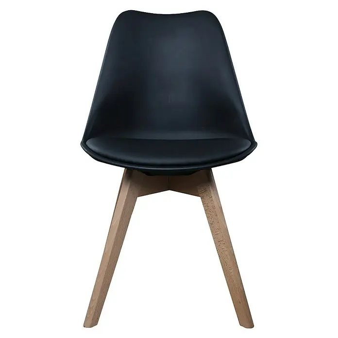Silla Copenhague - Negro, 4 pzs. - Silla negra con patas de madera clara. El cojín del asiento y el respaldo son de cuero sintético negro.