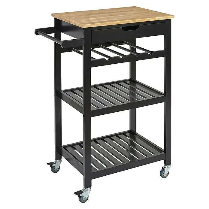 Home Deco Factory Carro de cocina Bristot Indus - L x An x Al: 40 x 62,5 x 85,5 cm, Negro/Pino - Imagen de un carrito de cocina negro con tapa de madera, cajón, botellero y dos estantes sobre ruedas.