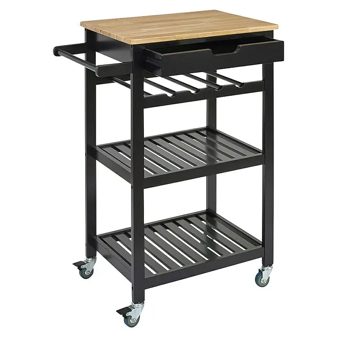 Home Deco Factory Carro de cocina Bristot Indus - L x An x Al: 40 x 62,5 x 85,5 cm, Negro/Pino - Carrito de servicio moderno de madera oscura con cajón, botellero y ruedas para un movimiento flexible en cocina y comedor.