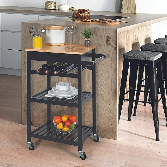 Home Deco Factory Carro de cocina Bristot Indus - L x An x Al: 40 x 62,5 x 85,5 cm, Negro/Pino - Carrito de cocina con encimera de madera, botellero, estantes para platos y fruta, ideal para almacenamiento extra.