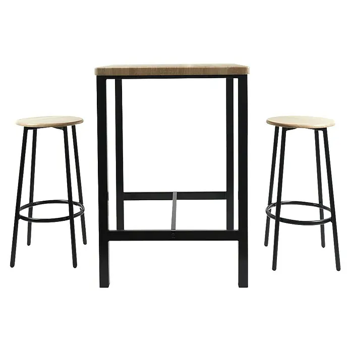 Home Deco Factory Mesa alta con taburetes Loka - L x An x Al: 60 x 60 x 86 cm, Marrón/Negro - Imagen de una mesa de bar con dos taburetes. El conjunto tiene una tapa de madera y una estructura metálica negra.