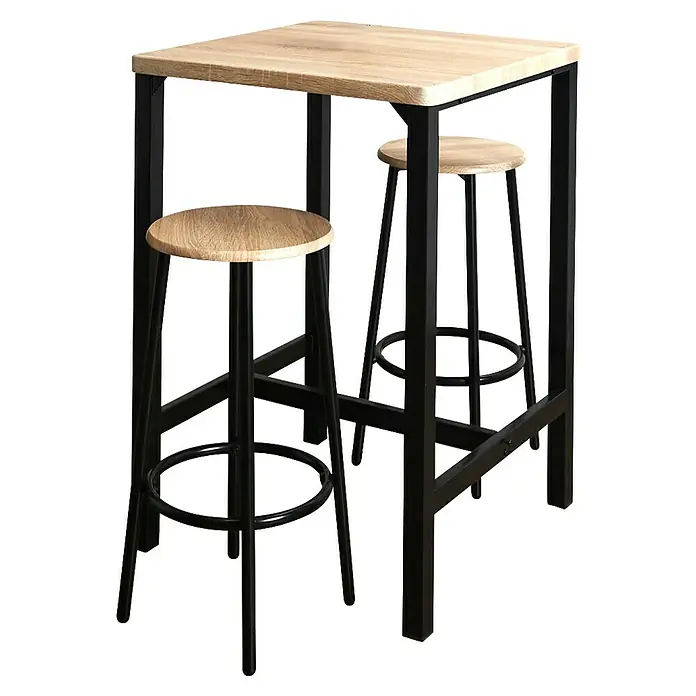 Home Deco Factory Mesa alta con taburetes Loka - L x An x Al: 60 x 60 x 86 cm, Marrón/Negro - Mesa de bar cuadrada con dos taburetes. El conjunto tiene una encimera de madera clara y patas de metal negro.