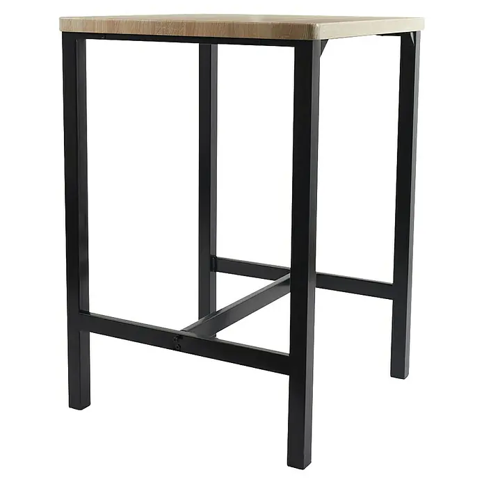 Home Deco Factory Mesa alta con taburetes Loka - L x An x Al: 60 x 60 x 86 cm, Marrón/Negro - Una elegante mesa de bar con una tapa de madera clara y una robusta estructura de metal negro. Ideal para espacios modernos.
