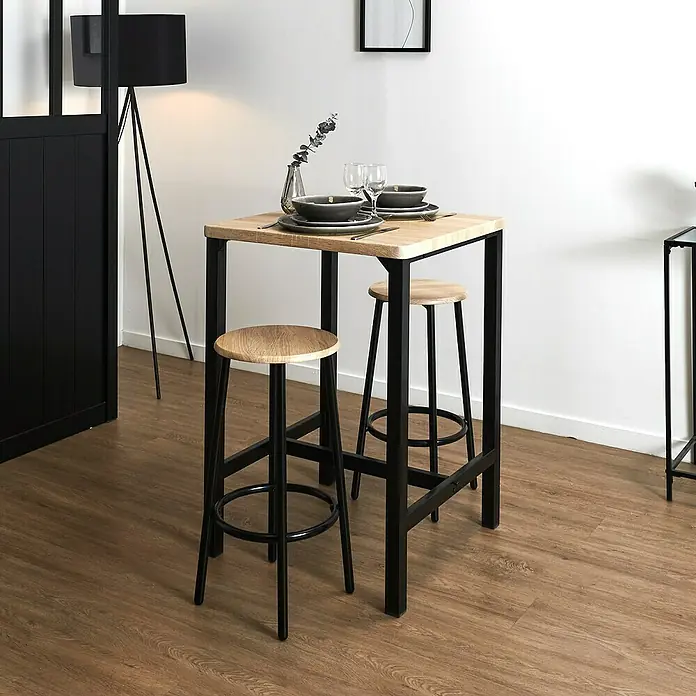 Home Deco Factory Mesa alta con taburetes Loka - L x An x Al: 60 x 60 x 86 cm, Marrón/Negro - Elegante conjunto de bar con mesa de madera y dos taburetes con estructura metálica. Ideal para cocinas o comedores modernos.