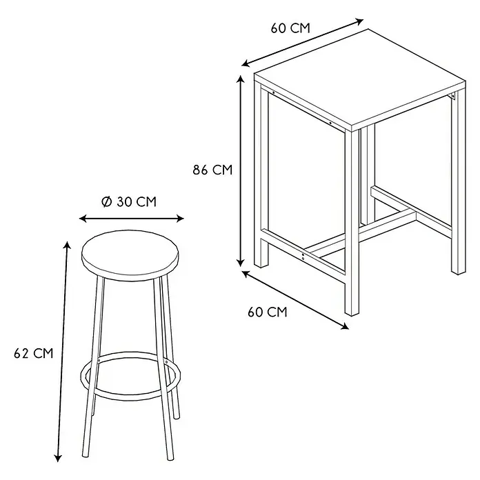 Home Deco Factory Mesa alta con taburetes Loka - L x An x Al: 60 x 60 x 86 cm, Marrón/Negro - Imagen de una mesa de bar y taburete con dimensiones de 60 x 60 x 86 cm y 30 x 62 cm, respectivamente.
