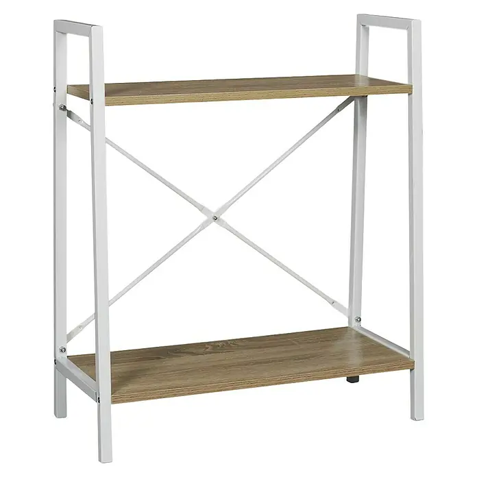 Home Deco Factory Estantería de madera Natural Crush - L x An x Al: 27 x 60 x 70 cm, Blanco - Esta imagen muestra una estantería con dos estantes en imitación madera y una estructura de metal blanca. Es un mueble decorativo y práctico.