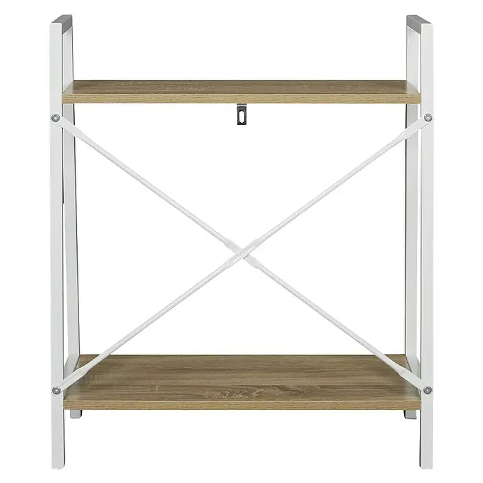 Home Deco Factory Estantería de madera Natural Crush - L x An x Al: 27 x 60 x 70 cm, Blanco - Primer plano de una estantería de dos niveles con acabado de madera clara y estructura metálica blanca, ideal para soluciones de almacenamiento elegantes.
