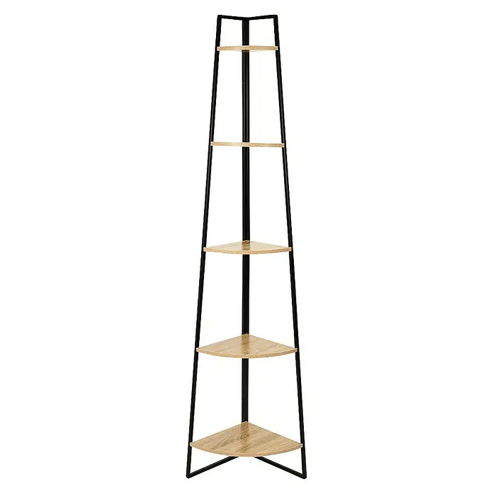 Home Deco Factory Estantería esquinera Bristot Indus - L x Al: 34,5 x 180 cm, Negro/Roble - Elegante estantería esquinera negra con cinco estantes de madera. La estantería ofrece un elegante espacio de almacenamiento y se adapta perfectamente a cualquier rincón.