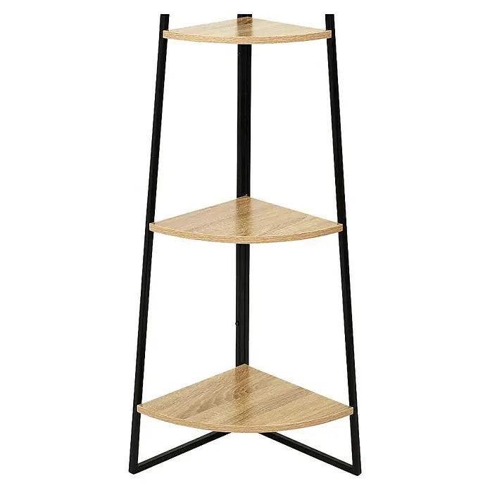 Home Deco Factory Estantería esquinera Bristot Indus - L x Al: 34,5 x 180 cm, Negro/Roble - Estantería esquinera con tres estantes de madera y estructura metálica negra, una solución de almacenamiento elegante y compacta.