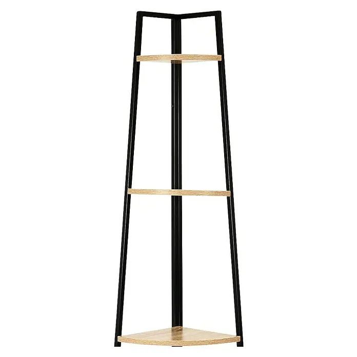 Home Deco Factory Estantería esquinera Bristot Indus - L x Al: 34,5 x 180 cm, Negro/Roble - Esta imagen muestra una estantería de esquina con tres estantes de madera y un marco metálico negro, ideal para espacios pequeños.