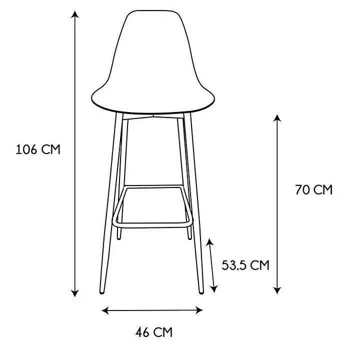 Home Deco Factory Taburete de cocina Amber - Negro, 2 pzs. - Ilustración de un taburete de bar con dimensiones: 106 cm de alto, 46 cm de ancho, 70 cm de altura del asiento y reposapiés a 53,5 cm.