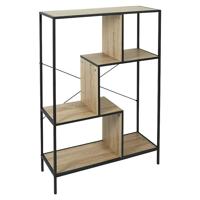 Home Deco Factory Estantería de madera Edison - L x An x Al: 30 x 80 x 113 cm - La imagen muestra una estantería elegante y moderna con estantes de madera y marco metálico negro, que ofrece un almacenamiento versátil.