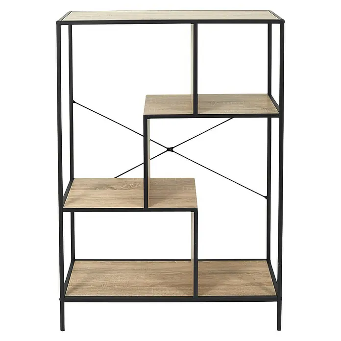 Home Deco Factory Estantería de madera Edison - L x An x Al: 30 x 80 x 113 cm - Esta foto muestra una estantería moderna con estantes de madera y un marco de metal negro. La estantería ofrece mucho espacio de almacenamiento.
