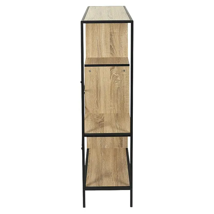 Home Deco Factory Estantería de madera Edison - L x An x Al: 30 x 80 x 113 cm - La imagen muestra una estantería de tres niveles con acabado tipo madera y un marco de metal negro. La estantería tiene un diseño sencillo y moderno.