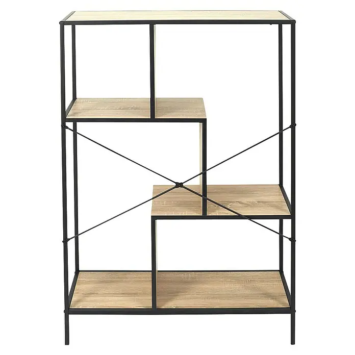 Home Deco Factory Estantería de madera Edison - L x An x Al: 30 x 80 x 113 cm - Estantería elegante con estantes de madera y estructura metálica negra. Ideal para salones u oficinas para almacenamiento y decoración.