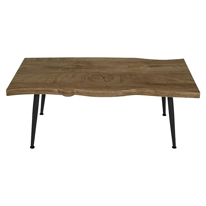 Home Deco Factory Mesa de centro Black Forest - L x An x Al: 49 x 100 x 38 cm, Negro/Roble - Una mesa de centro rectangular con un tablero de madera irregular y patas de metal negro.