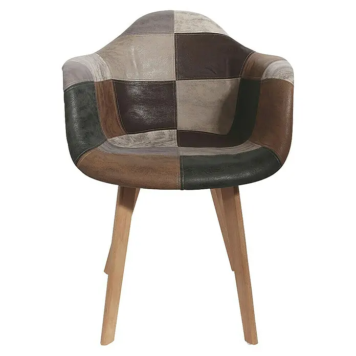 Home Deco Factory Silla butaca Patchwork - Marrón, 2 pzs. - Silla tapizada con estampado patchwork y patas de madera, ideal para comedor o sala de estar.