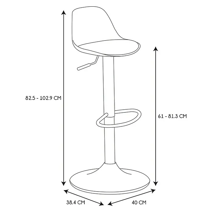 Taburete de cocina Isak - Altura: 104 mm, Negro - Imagen de un dibujo esquemático de un taburete de bar con especificaciones de altura.