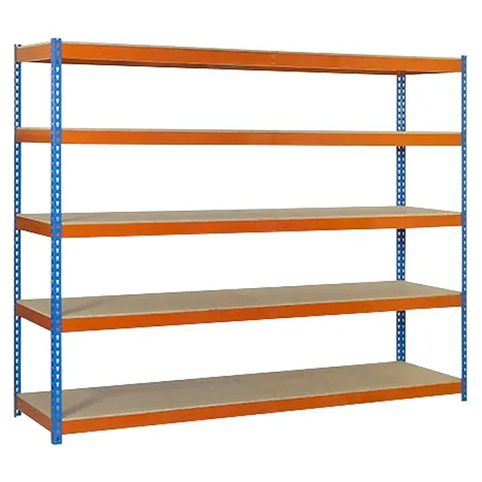 Simonrack Ecoforte Schwerlastregal Chipboard - H x B x T: 250 x 120 x 75 cm, Traglast pro Boden: 400 kg, Anzahl Böden: 5 Stk., Stecken, Blau/Orange - Regal mit fünf Regalebenen. Das robuste Lagerregal ist ideal für die Lagerung von Waren und Materialien in Lagerhallen oder Werkstätten.