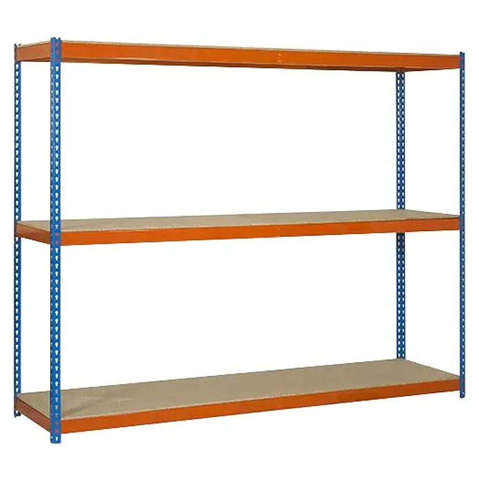 Simonrack Ecoforte Schwerlastregal Chipboard - H x B x T: 200 x 180 x 60 cm, Traglast pro Boden: 400 kg, Anzahl Böden: 3 Stk., Stecken, Blau/Orange - Nahaufnahme eines dreistufigen Lagerregals mit blauen Eckpfosten und orangefarbenen Regalböden. Ideal zur Aufbewahrung und Organisation.