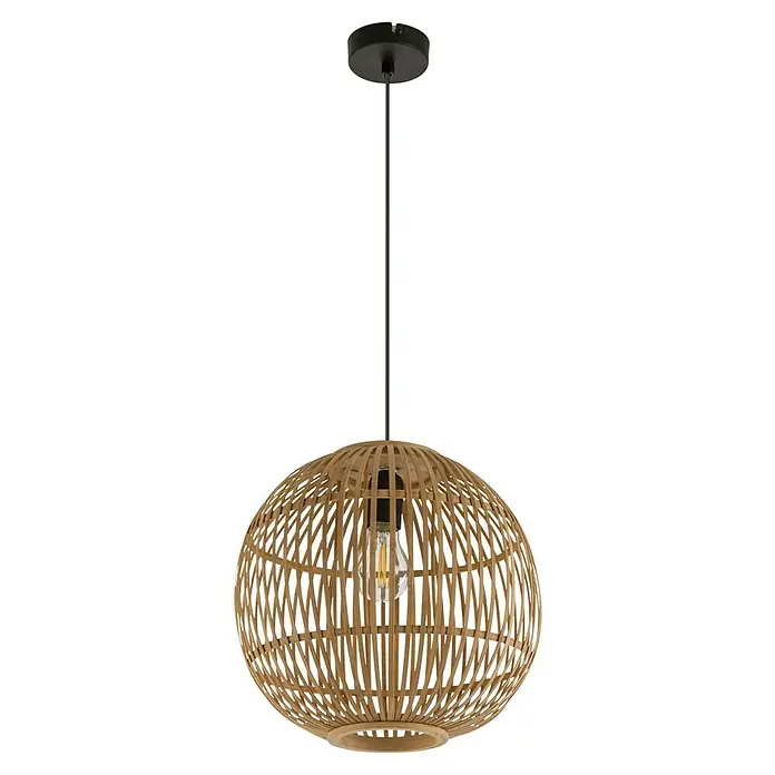 Globo Hildegard Hängelampe - 60 W, Bambus, E27 - Stilvolle Pendelleuchte mit Lampenschirm aus hellem Holz und schwarzer Deckenhalterung.