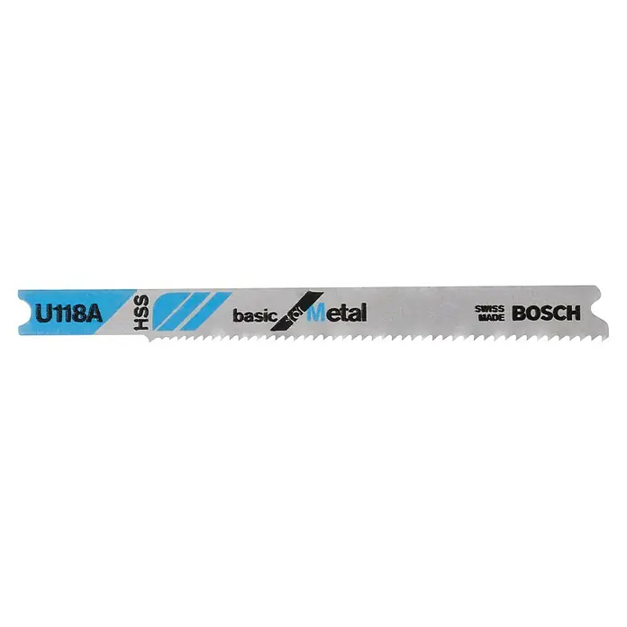 Bosch Hoja de sierra de calar U118A Basic for Metal - Metal, Vástago en U - La imagen muestra una hoja de sierra de calar Bosch U118A "Basic for Metal" HSS, fabricada en Suiza.