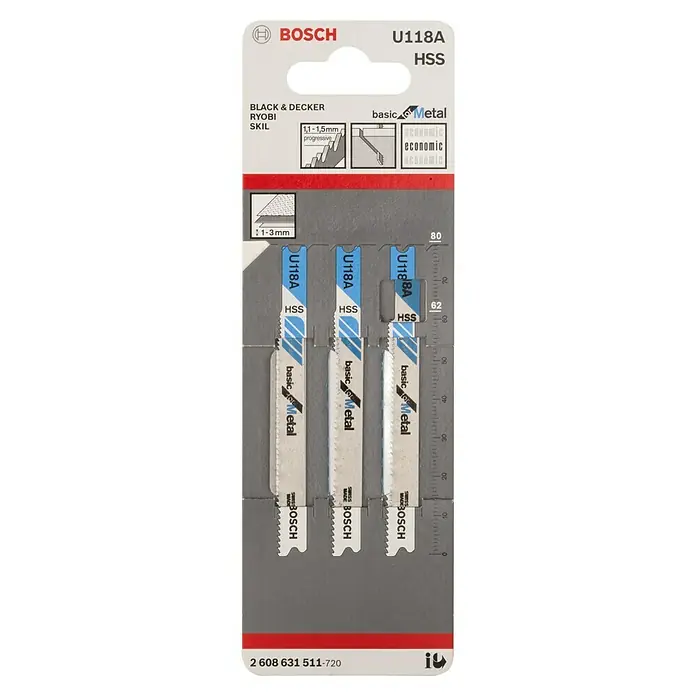Bosch Hoja de sierra de calar U118A Basic for Metal - Metal, Vástago en U - Paquete de hojas de sierra de calar Bosch U118A HSS, aptas para metales, con la etiqueta "basic for Metal" y "economic".
