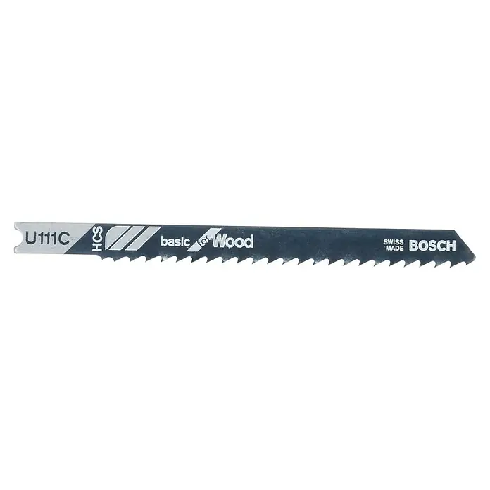 Bosch Hoja de sierra de calar U111C Basic for Wood - Madera / madera aglomerada, Vástago en U - Primer plano de una hoja de sierra de calar Bosch U111C, diseñada para cortes limpios de madera con dientes HCS y calidad "Swiss Made".