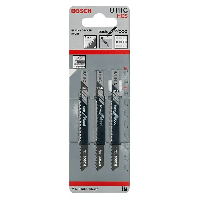 Bosch Hoja de sierra de calar U111C Basic for Wood - Madera / madera aglomerada, Vástago en U - Hojas de sierra de calar Bosch U111C HCS para madera, aptas para Black & Decker y Ryobi, con una profundidad de corte de 4-50mm.