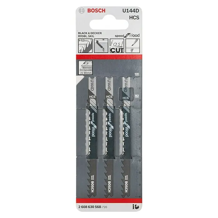 Bosch Hoja de sierra de calar U144D Speed for Wood - Madera / madera aglomerada, Vástago en U - La imagen muestra un paquete de hojas de sierra de calar Bosch U144D HCS, adecuadas para corte rápido de madera con sierras Black & Decker, Ryobi y Skil.