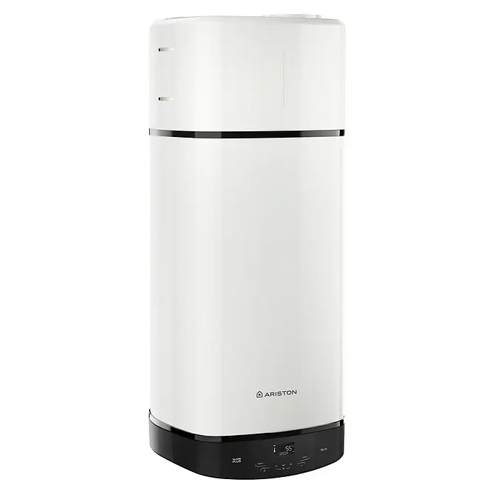 Ariston Bomba de calor para agua Nuos Plus S2 Wifi WH - Capacidad volumétrica: 110 l, 1.200 W - La imagen muestra un termo Ariston blanco con base negra. El aparato tiene una pantalla digital y un panel de control.