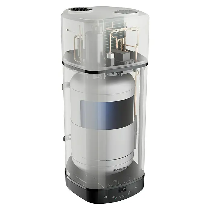 Ariston Bomba de calor para agua Nuos Plus S2 Wifi WH - Capacidad volumétrica: 110 l, 1.200 W - Vista del producto del calentador de agua Ariston con una carcasa transparente que muestra los componentes internos.