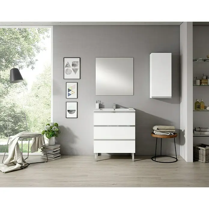 Conjunto de mueble de baño Andrea - Blanco, Brillante - Interior de baño con un moderno mueble de lavabo blanco y un armario con espejo a juego. Diseño elegante para un ambiente con estilo.