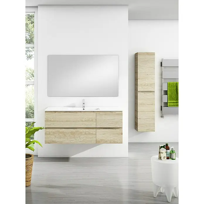 Mueble bajo de lavabo Sheyla - An x Pr x Al: 120 x 45 x 50 cm, Nebraska natural - Baño moderno con mueble de lavabo efecto madera, espejo grande y columna alta a juego.