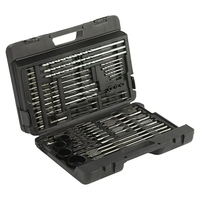 Kreator Set de brocas - 204 pzs. - Una caja de herramientas negra abierta que muestra una colección completa de brocas y puntas de destornillador de varios tamaños y formas para proyectos de bricolaje.