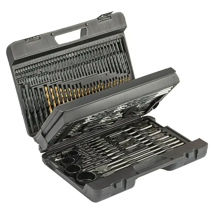 Kreator Set de brocas - 204 pzs. - Caja de herramientas negra abierta con surtido de brocas y puntas de destornillador. Kit completo para aficionados y profesionales.