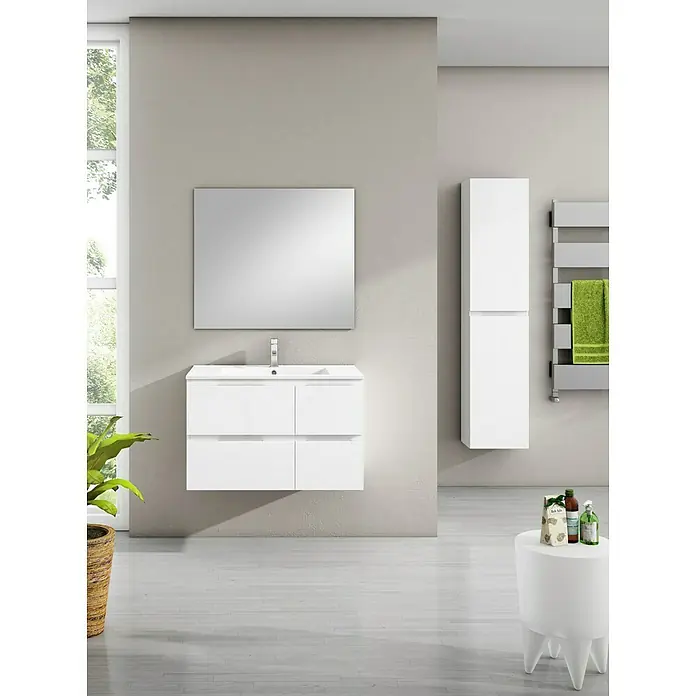 Mueble bajo de lavabo Sheyla - An x Pr x Al: 80 x 45 x 50 cm, Blanco - Moderno baño con mueble de lavabo blanco, espejo y armario alto para un ambiente elegante.