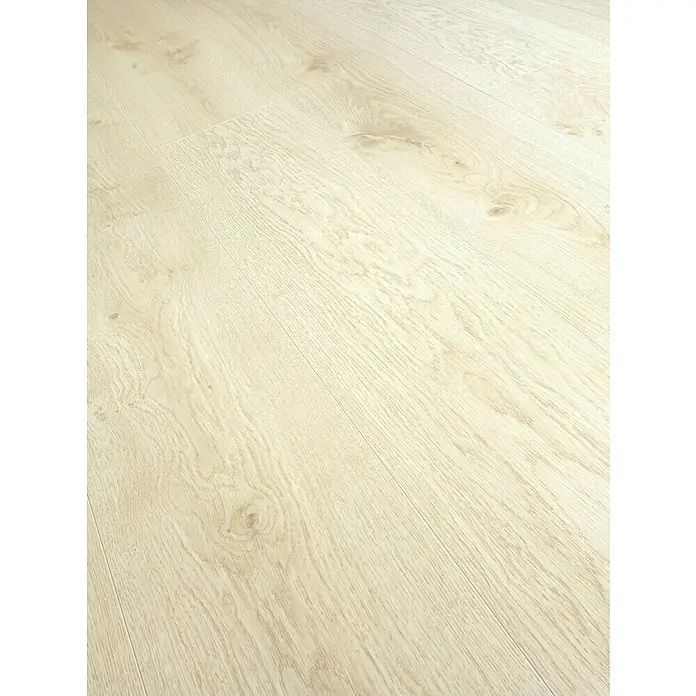 Suelo vinílico Corepel Bright - 195 x 1.380 x 5,5 mm, Beige - Primer plano de un suelo laminado claro que muestra la veta natural de la madera, perfecto para un diseño moderno.