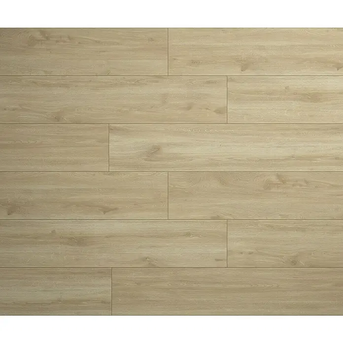 Suelo vinílico Corepel Cream Oak - 195 x 1.380 x 5,5 mm, Beige - Vista de un suelo de madera clara colocado en un patrón escalonado. La hermosa veta de la madera es claramente visible.