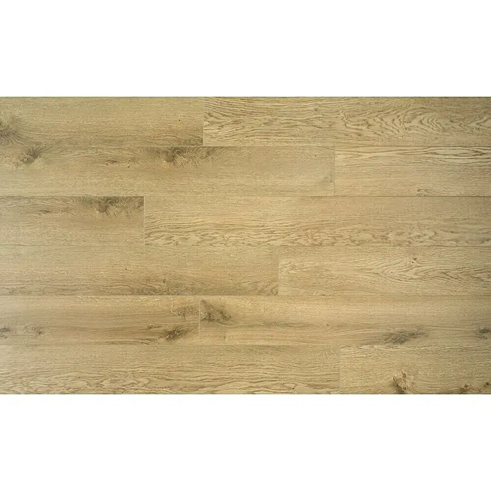 Suelo vinílico Corepel Natural - 195 x 1.380 x 5,5 mm, Beige - Un primer plano de paneles de suelo laminado de roble claro, que ofrece un diseño moderno y elegante para cualquier espacio.