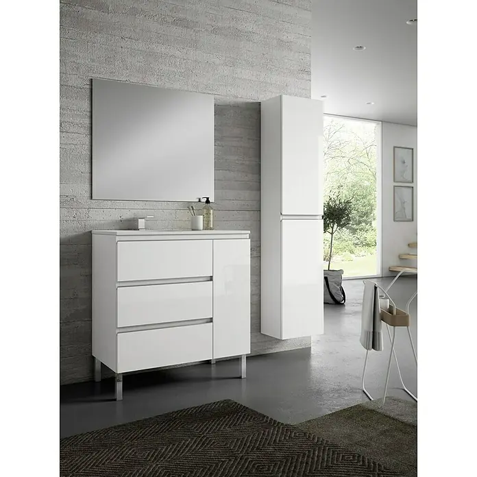 Mueble bajo de lavabo Hermes - An x Pr x Al: 80 x 46 x 85 cm, Blanco - Baño con tocador blanco brillante con cajones y espejo a juego. Diseño elegante para baños modernos.
