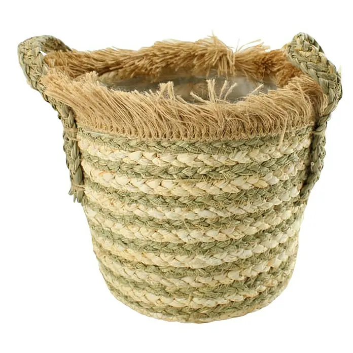 Korb Fransen - Ø x H: 26 x 26 cm, Natur - Dekorativer, gestreifter Korb aus Naturfasern mit Henkeln, ideal zur Aufbewahrung oder als Übertopf für Pflanzen.