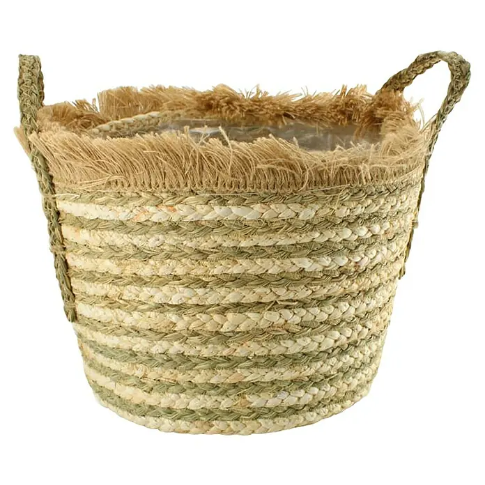 Korb Fransen - Ø x H: 33 x 34 cm, Natur - Stilvoller geflochtener Korb mit Fransenrand, perfekt für Pflanzen oder als dekorative Aufbewahrungslösung.