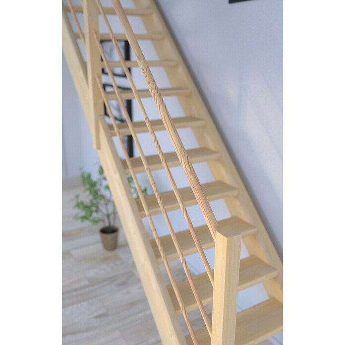Starwood Raumspartreppe Korfu (Breite: 80 cm, Fichte, Geschosshöhe: 300 cm, Gerade, Montageseite Geländer: Links, Designgeländer Holz/Holz, Mit Setzstufen) | BAUHAUS