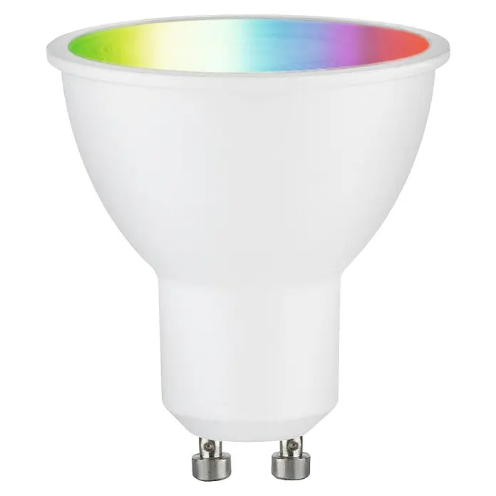 Paulmann Smart-LED-Lampe - GU10, Dimmbar, RGBW, 350 lm, 4,8 W, Weiß - Nahaufnahme einer GU10-LED-Lampe in Weiß, die farbiges Licht ausstrahlt. Ideal für stimmungsvolle Beleuchtung im Haus.